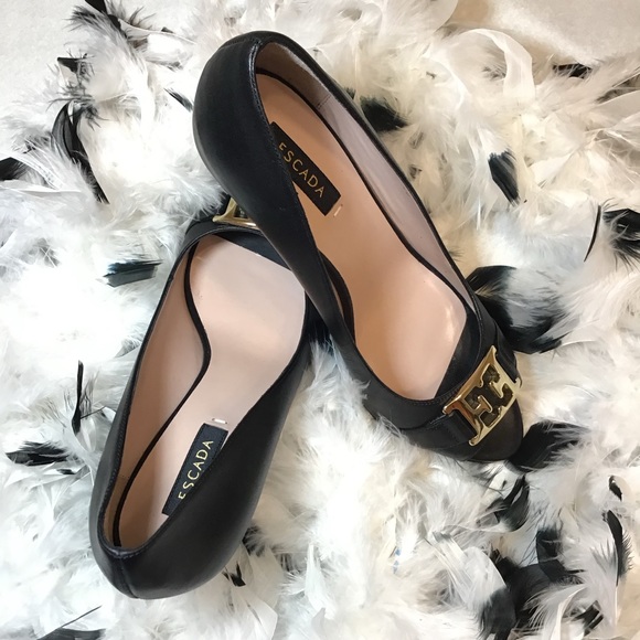 Escada Shoes - ESCADA OPEN TOE LOGO BLACK LEATHER PUMPS